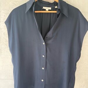 Vince Blue Sleeveless Notched Collar Button Down Shirt
